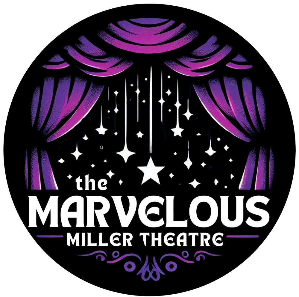 Purple stage curtains opening to a starry sky with the text ‘The Marvelous Miller Theatre.